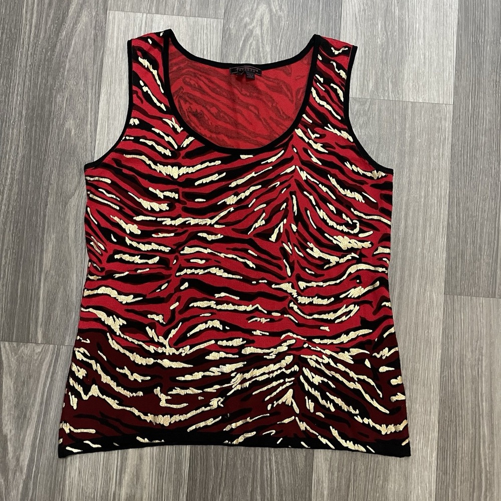 Fontana Women's Large Red, Black, Gold Zebra Print Sleeveless Knit Tank Y2K